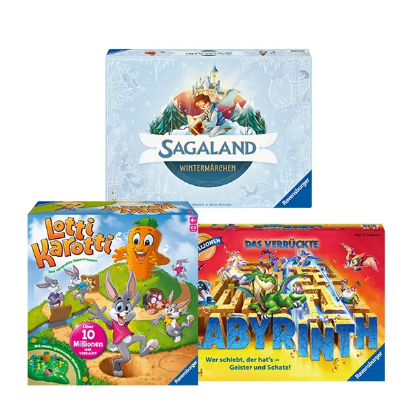 Drei Ravensburger Spiele – Sagaland, Lotti Karotti und Labyrinth – als Gewinn hinter Türchen 6.